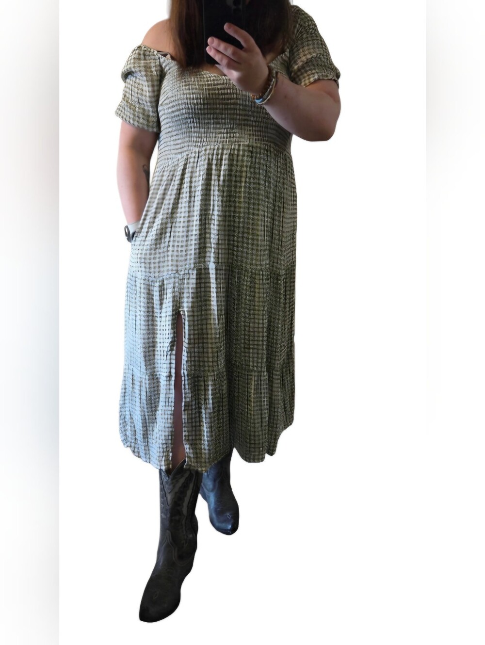 Women's Abercrombie & Fitch Smocked Off-Shoulder Midi Dress Gingham Size XL